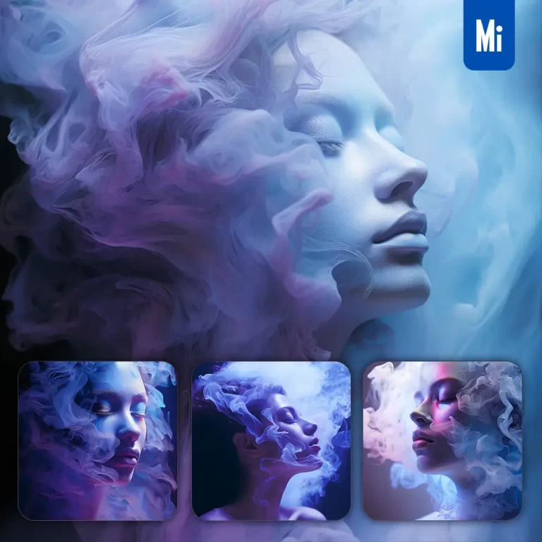 midjourney prompt woman face female head violet smoke dust portrait photography