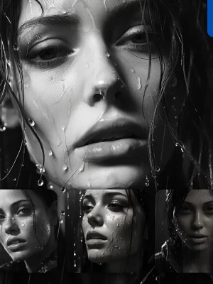 Midjourney Prompt Woman Face Water Drop Rain Black And White Photography