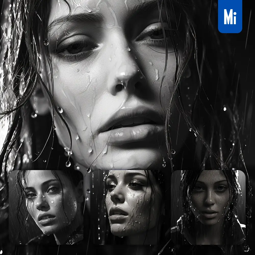 Midjourney Prompt Woman Face Water Drop Rain Black And White Photography