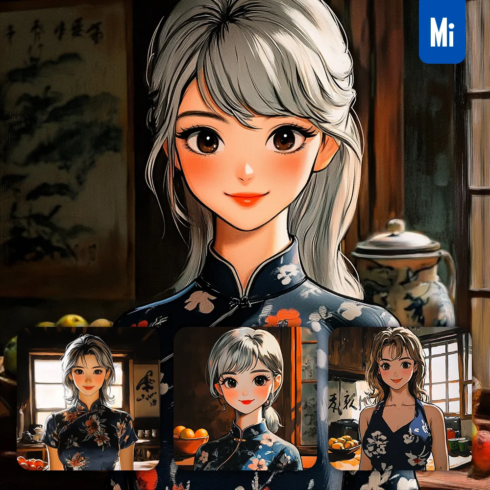 Midjourney Prompt Woman Floral Dress Kitchen Window Home Painting Animation