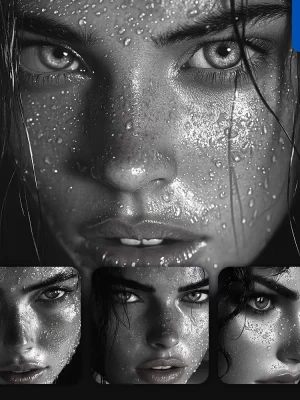 Midjourney Prompt Woman Girl Face Water Drop Rain Black And White Photography