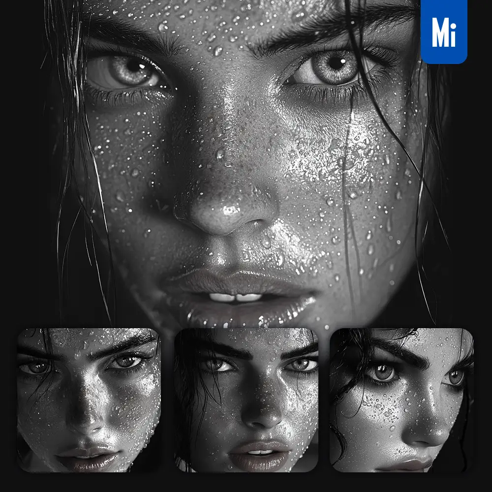 Midjourney Prompt Woman Girl Face Water Drop Rain Black And White Photography