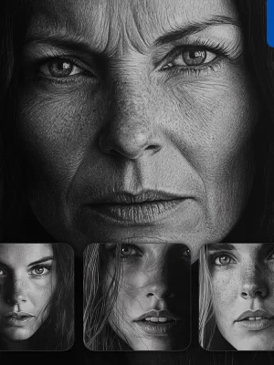 Midjourney Prompt Wrinkly Woman Female Head Face Black And White Drawing