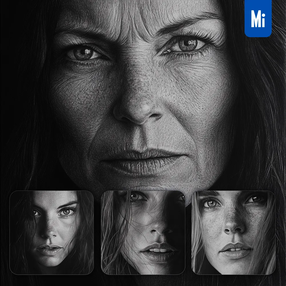 Midjourney Prompt Wrinkly Woman Female Head Face Black And White Drawing