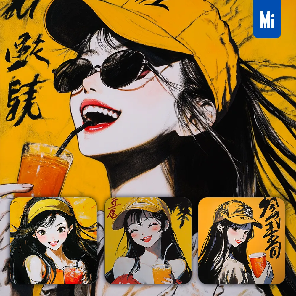 midjourney prompt yellow beautiful girl portrait cap orange drink juice cartoon painting Chinese illustration