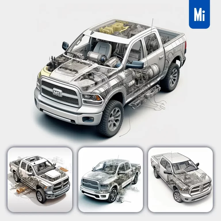 midjourney prompt Ram pickup 3D breakdown drawing illustration
