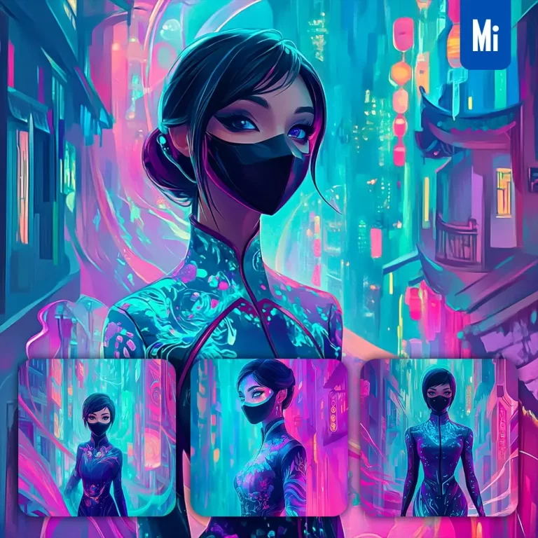 midjourney prompt black mask azure ninja futurism portrait beautiful girl lady woman animation illustration