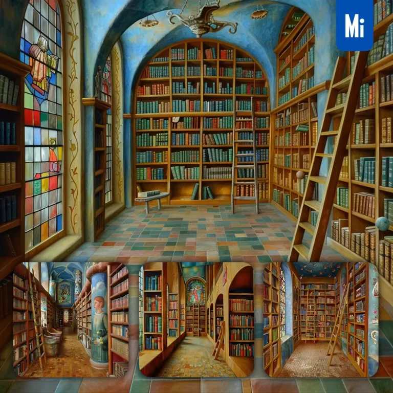 midjourney prompt library volume book ladder wooden shelf indoor architectural illustration