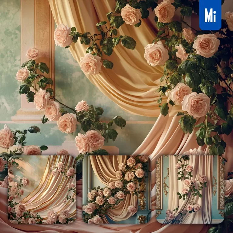 midjourney prompt rose pink fabric sunshine classical photography