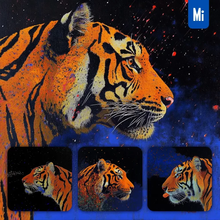 midjourney prompt tiger head face illustration blue profile embroidery