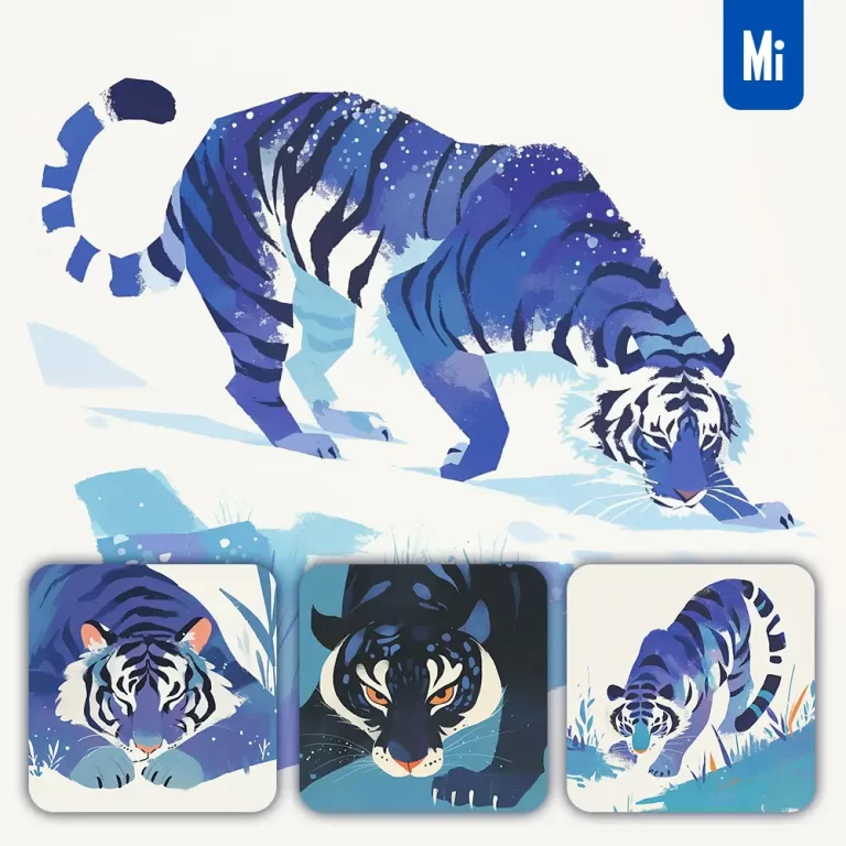 midjourney prompt tiger illustration blue painting brushwork